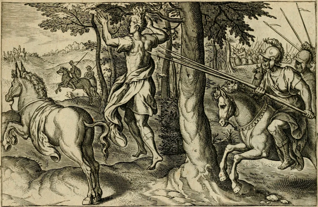 An illustration from David, hoc est, Virtvtis exercitatissimae probatvm deo spectacvlvm : ex David pastoris militis regis exvlis ac prophetae exemplis, 1575, leaf 88
