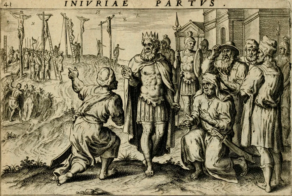 An illustration from David, hoc est, Virtvtis exercitatissimae probatvm deo spectacvlvm : ex David pastoris militis regis exvlis ac prophetae exemplis, 1575, leaf 94