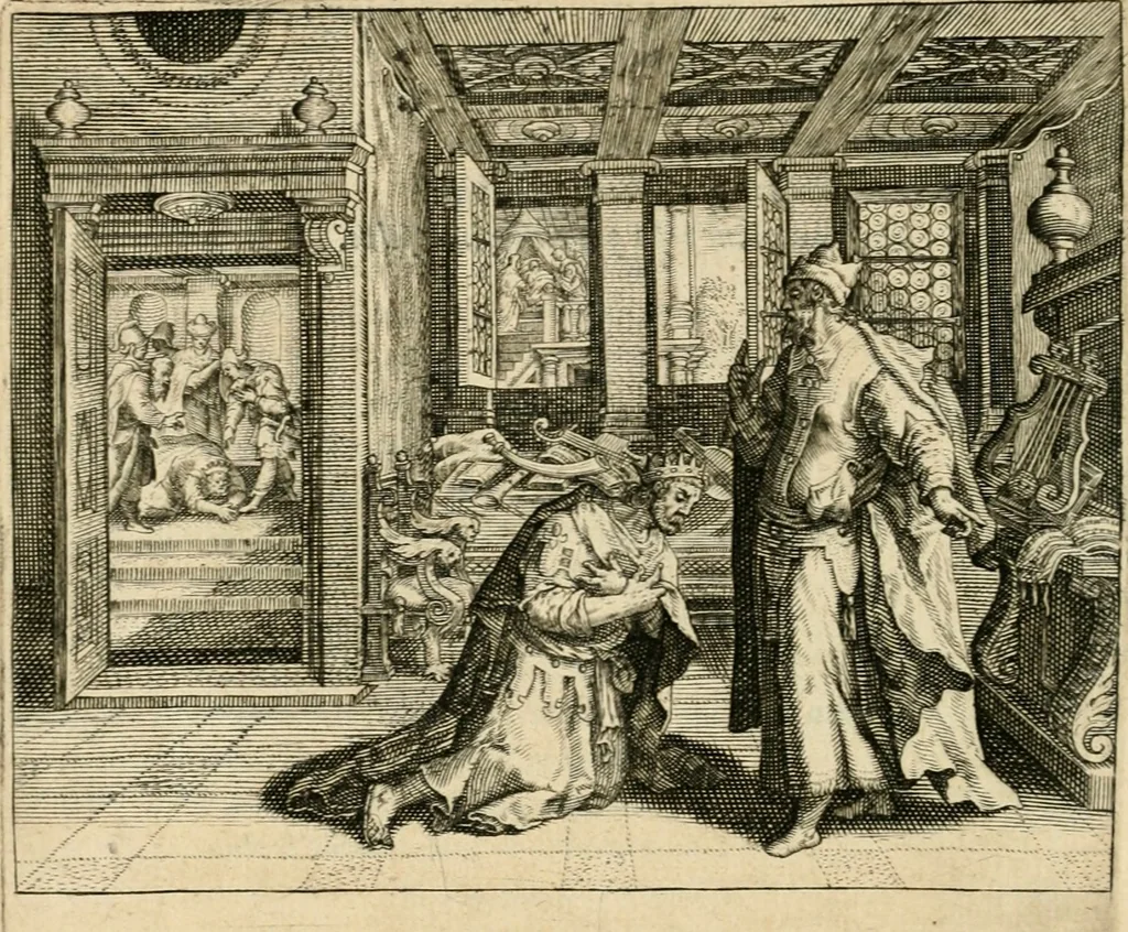 An illustration from David, virtvtis exercitatissimae probatum Deo spectaculum : ex Dauidis pastoris, militis, ducis, exsulis ac prophetae exemplis, 1597, leaf 101