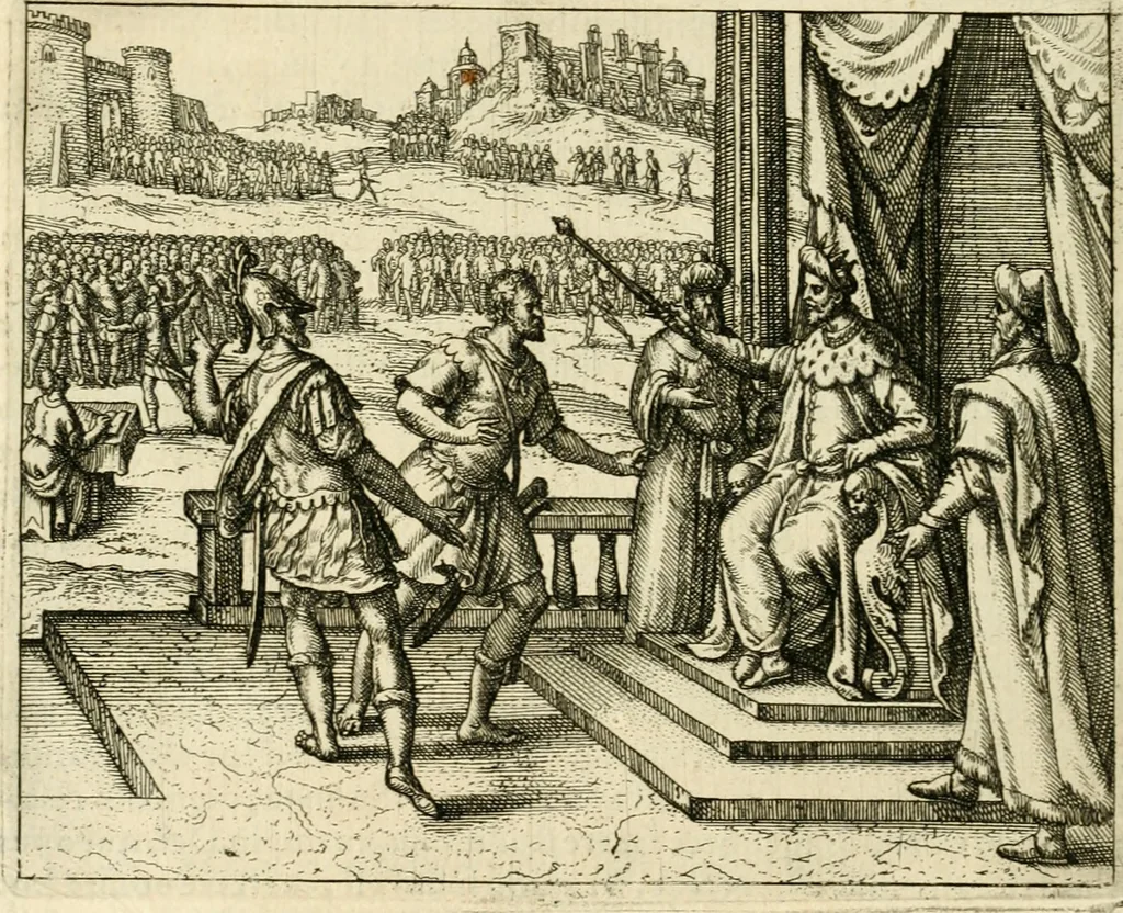 An illustration from David, virtvtis exercitatissimae probatum Deo spectaculum : ex Dauidis pastoris, militis, ducis, exsulis ac prophetae exemplis, 1597, leaf 135