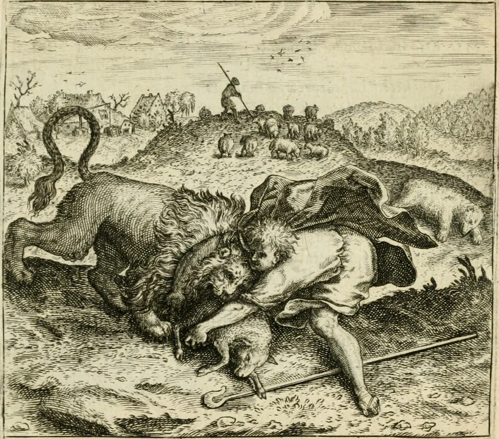 An illustration from David, virtvtis exercitatissimae probatum Deo spectaculum : ex Dauidis pastoris, militis, ducis, exsulis ac prophetae exemplis, 1597, leaf 16