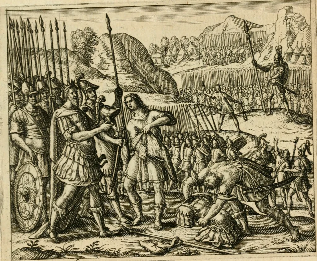 An illustration from David, virtvtis exercitatissimae probatum Deo spectaculum : ex Dauidis pastoris, militis, ducis, exsulis ac prophetae exemplis, 1597, leaf 24