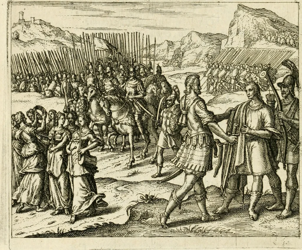 An illustration from David, virtvtis exercitatissimae probatum Deo spectaculum : ex Dauidis pastoris, militis, ducis, exsulis ac prophetae exemplis, 1597, leaf 31
