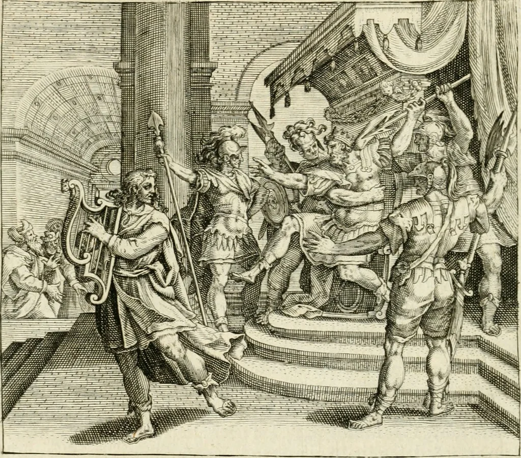 An illustration from David, virtvtis exercitatissimae probatum Deo spectaculum : ex Dauidis pastoris, militis, ducis, exsulis ac prophetae exemplis, 1597, leaf 33