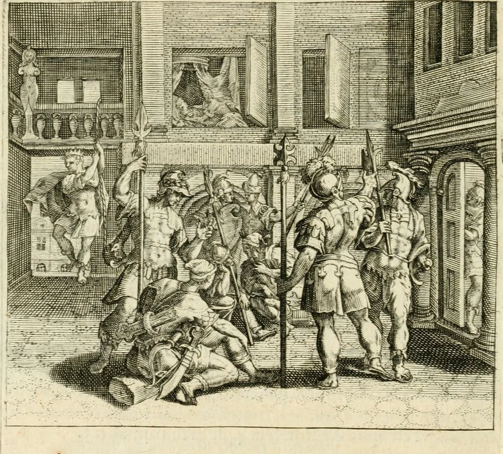 An illustration from David, virtvtis exercitatissimae probatum Deo spectaculum : ex Dauidis pastoris, militis, ducis, exsulis ac prophetae exemplis, 1597, leaf 39