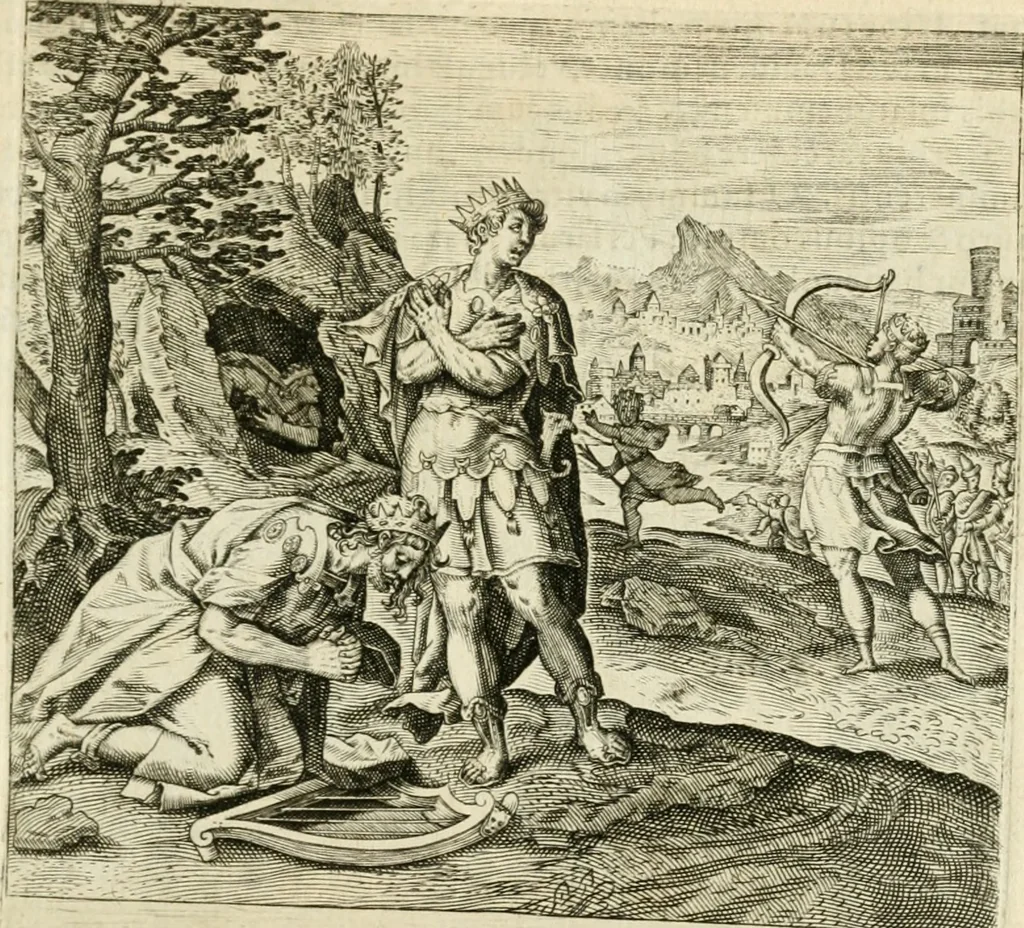 An illustration from David, virtvtis exercitatissimae probatum Deo spectaculum : ex Dauidis pastoris, militis, ducis, exsulis ac prophetae exemplis, 1597, leaf 42