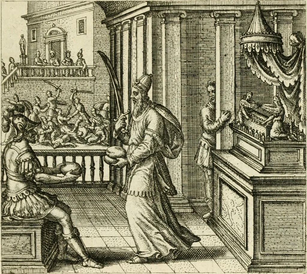 An illustration from David, virtvtis exercitatissimae probatum Deo spectaculum : ex Dauidis pastoris, militis, ducis, exsulis ac prophetae exemplis, 1597, leaf 44