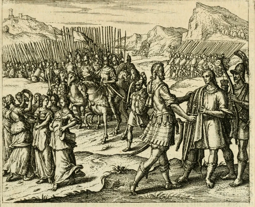An illustration from David, virtvtis exercitatissimae probatum Deo spectaculum : ex Dauidis pastoris, militis, ducis, exsulis ac prophetae exemplis, 1597, leaf 54