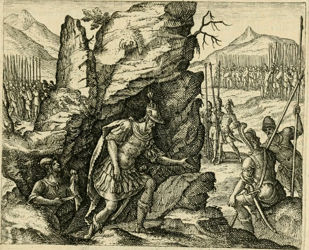An illustration from David, virtvtis exercitatissimae probatum Deo spectaculum : ex Dauidis pastoris, militis, ducis, exsulis ac prophetae exemplis, 1597, leaf 56