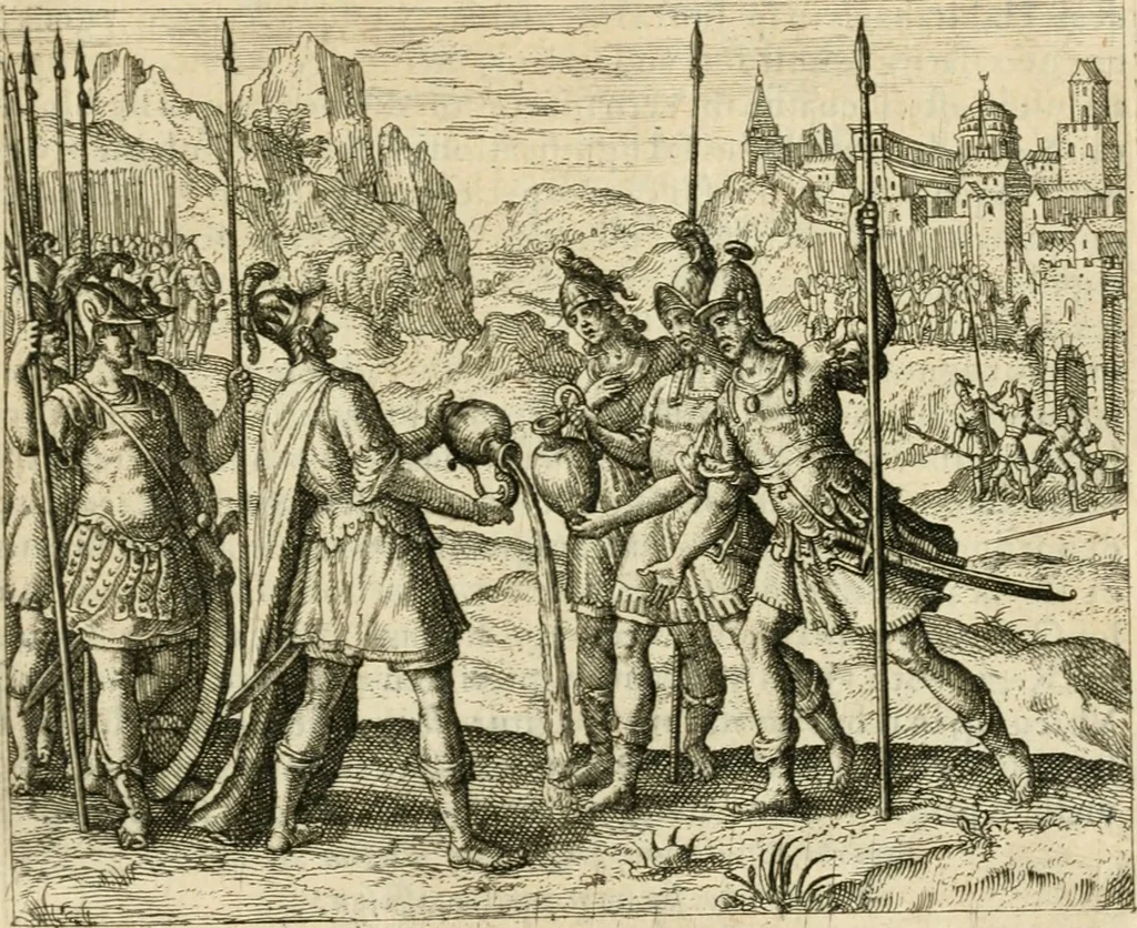 An illustration from David, virtvtis exercitatissimae probatum Deo spectaculum : ex Dauidis pastoris, militis, ducis, exsulis ac prophetae exemplis, 1597, leaf 72