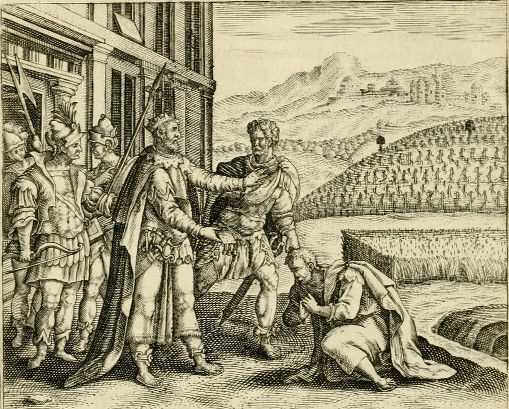 An illustration from David, virtvtis exercitatissimae probatum Deo spectaculum : ex Dauidis pastoris, militis, ducis, exsulis ac prophetae exemplis, 1597, leaf 93