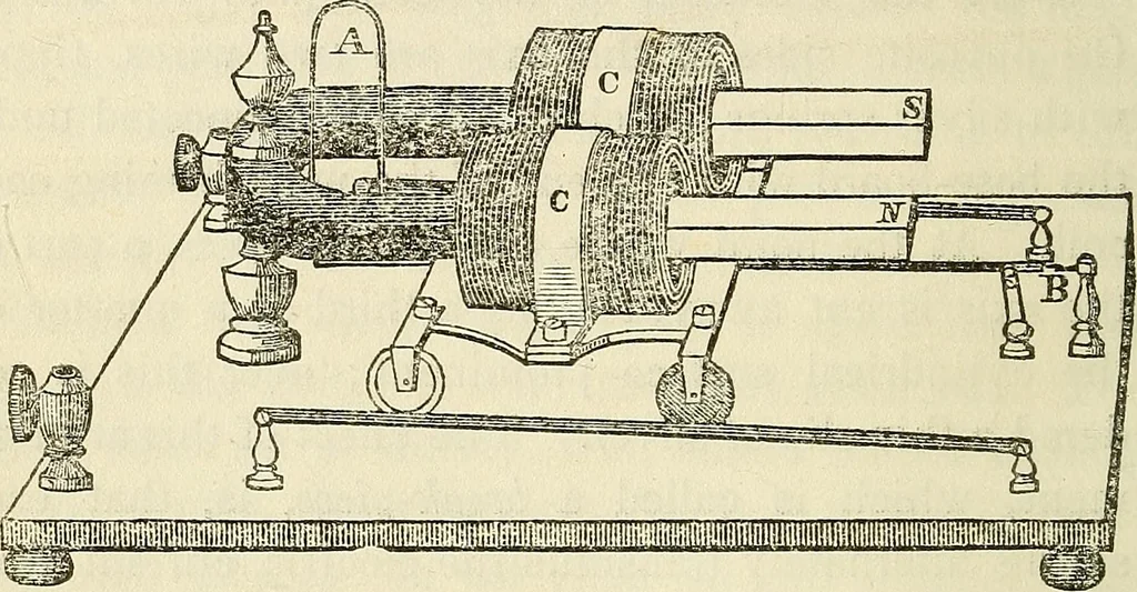 An illustration from Davis's manual of magnetism : including galvanism, magnetism, electro-magnetism, electro-dynamics, magneto-electricity, and thermo-electricity, 1854, leaf 135
