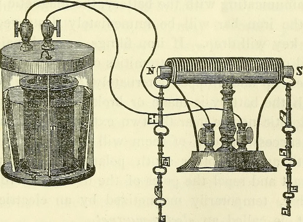 An illustration from Davis's manual of magnetism : including galvanism, magnetism, electro-magnetism, electro-dynamics, magneto-electricity, and thermo-electricity, 1854, leaf 182