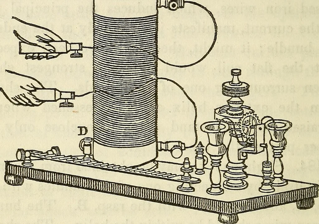 An illustration from Davis's manual of magnetism : including galvanism, magnetism, electro-magnetism, electro-dynamics, magneto-electricity, and thermo-electricity, 1854, leaf 313