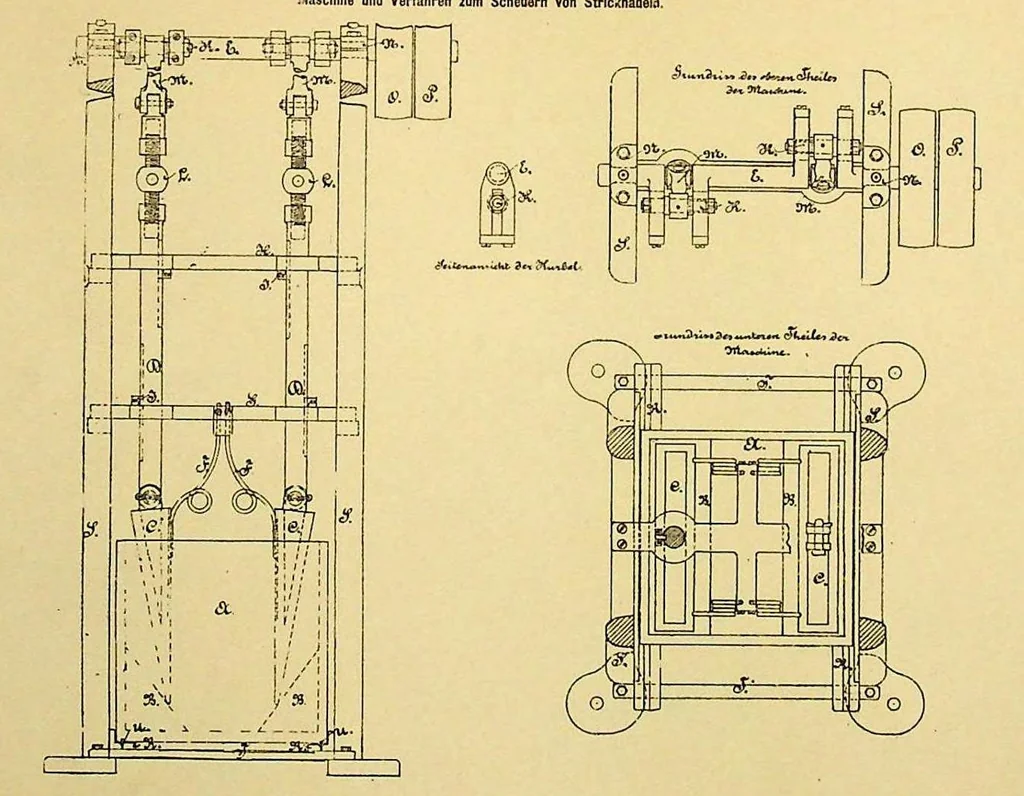 An illustration from Kreiten - Machine and method for scouring knitting needles, German Patent 15156 of 1881, 1881, leaf 0
