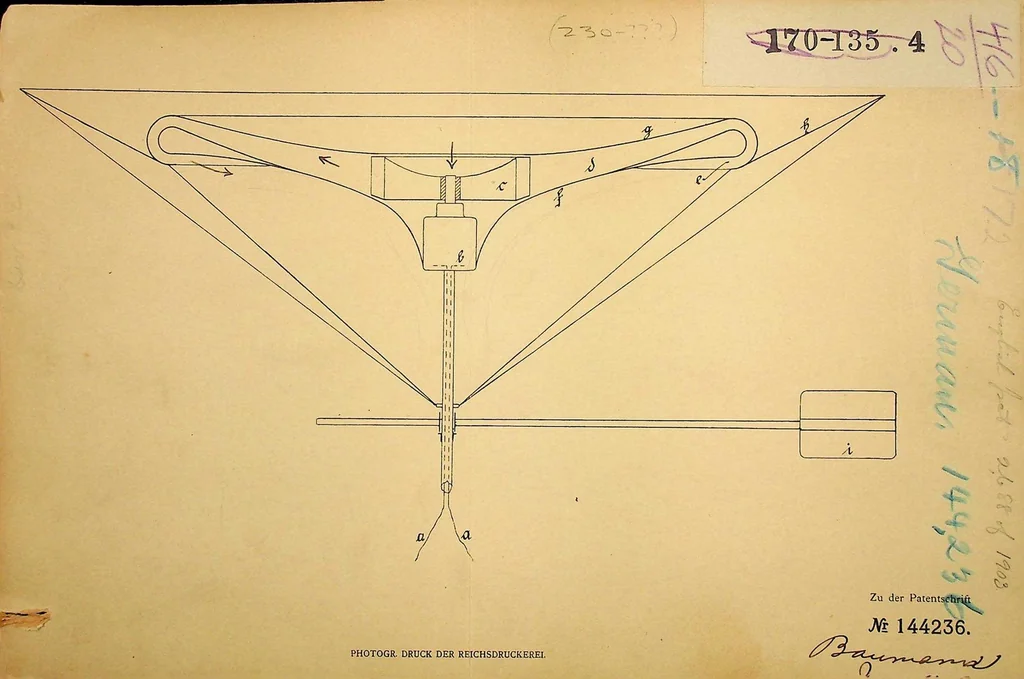 An illustration from Baumann - Device for carrying objects by means of a wing in the air, German Patent 144236 of 1903, 1903, leaf 0