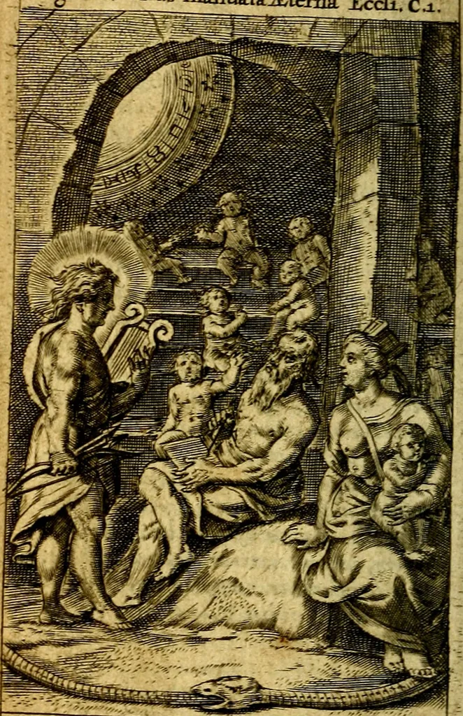 An illustration from De aeternitate considerationes coram Ser.mo vtriusque Bavariae Duce, S.R.I. Archidapifero, Electore, Maximiliano et Ser.ma Coninge Elisabetha explicatae:, 1634, leaf 13