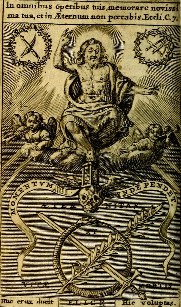 An illustration from De aeternitate considerationes coram Ser.mo vtriusque Bavariae Duce, S.R.I. Archidapifero, Electore, Maximiliano et Ser.ma Coninge Elisabetha explicatae:, 1634, leaf 159