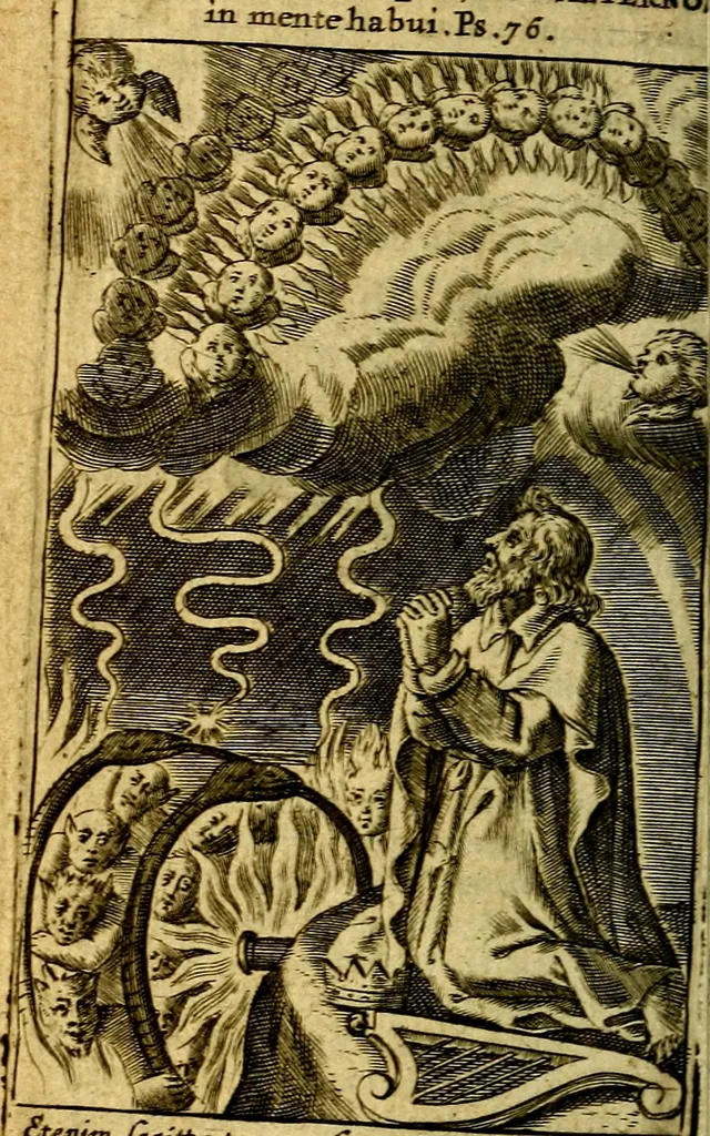 An illustration from De aeternitate considerationes coram Ser.mo vtriusque Bavariae Duce, S.R.I. Archidapifero, Electore, Maximiliano et Ser.ma Coninge Elisabetha explicatae:, 1634, leaf 77