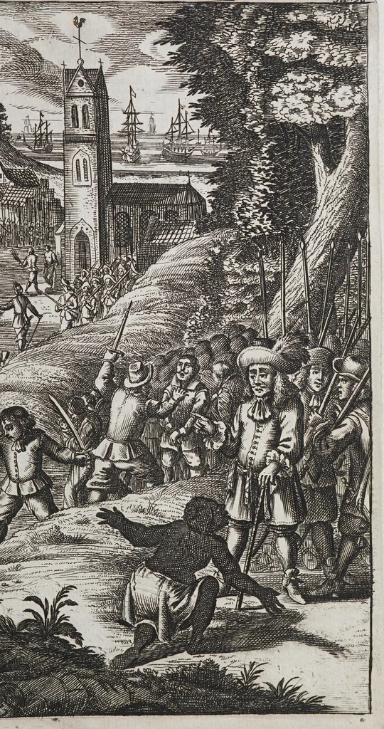 An illustration from De Americaensche zee-roovers. : Behelsende een pertinente en waerachtige beschrijving van alle de voornaemste roveryen, en onmenschelijcke wreedheden, die de Engelse en Franse rovers, tegens de Spanjaerden in America, gepleeght hebben. Verdeelt in drie deelen: het eerste deel verhandelt hoe de Fransen op Hispanjola gekomen zijn, de aerdt van't landt, inwoonders, en hun manier van leven aldaer. Het tweede deel, de opkomst van de rovers, hun regel en leven onder malkander, nevens verscheyde roveryen aen de Spanjaerden gepleeght. Het derde 't verbranden van de stadt Panama, door d'Engelsche en Franse rovers gedaen, nevens het geen de schrijver op sijn reys voorgevallen is. Hier achter is bygevoeght, een horte verhandeling van de macht en rijkdommen, die de Koninck van Spanje, Karel de Tweede, in America heeft, nevens des selfs inkomsten en Regering aldaer. Als mede een kort begrijp van alle de voornaemste plaetsen in het selve gewest, onder Christen potentaten behoorende., 1678, leaf 41