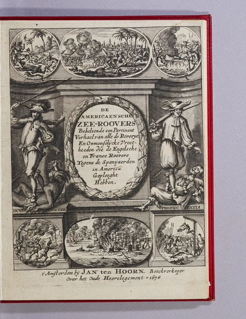 An illustration from De Americaensche zee-roovers. : Behelsende een pertinente en waerachtige beschrijving van alle de voornaemste roveryen, en onmenschelijcke wreedheden, die de Engelse en Franse rovers, tegens de Spanjaerden in America, gepleeght hebben. Verdeelt in drie deelen: het eerste deel verhandelt hoe de Fransen op Hispanjola gekomen zijn, de aerdt van't landt, inwoonders, en hun manier van leven aldaer. Het tweede deel, de opkomst van de rovers, hun regel en leven onder malkander, nevens verscheyde roveryen aen de Spanjaerden gepleeght. Het derde 't verbranden van de stadt Panama, door d'Engelsche en Franse rovers gedaen, nevens het geen de schrijver op sijn reys voorgevallen is. Hier achter is bygevoeght, een horte verhandeling van de macht en rijkdommen, die de Koninck van Spanje, Karel de Tweede, in America heeft, nevens des selfs inkomsten en Regering aldaer. Als mede een kort begrijp van alle de voornaemste plaetsen in het selve gewest, onder Christen potentaten behoorende., 1678, leaf 5