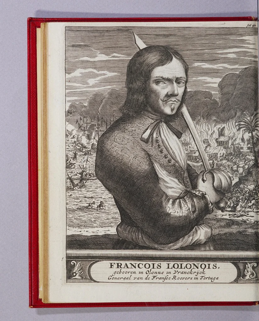 An illustration from De Americaensche zee-roovers. : Behelsende een pertinente en waerachtige beschrijving van alle de voornaemste roveryen, en onmenschelijcke wreedheden, die de Engelse en Franse rovers, tegens de Spanjaerden in America, gepleeght hebben. Verdeelt in drie deelen: het eerste deel verhandelt hoe de Fransen op Hispanjola gekomen zijn, de aerdt van't landt, inwoonders, en hun manier van leven aldaer. Het tweede deel, de opkomst van de rovers, hun regel en leven onder malkander, nevens verscheyde roveryen aen de Spanjaerden gepleeght. Het derde 't verbranden van de stadt Panama, door d'Engelsche en Franse rovers gedaen, nevens het geen de schrijver op sijn reys voorgevallen is. Hier achter is bygevoeght, een horte verhandeling van de macht en rijkdommen, die de Koninck van Spanje, Karel de Tweede, in America heeft, nevens des selfs inkomsten en Regering aldaer. Als mede een kort begrijp van alle de voornaemste plaetsen in het selve gewest, onder Christen potentaten behoorende., 1678, leaf 66