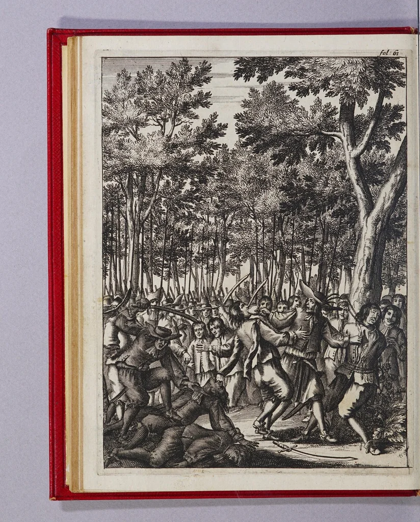 An illustration from De Americaensche zee-roovers. : Behelsende een pertinente en waerachtige beschrijving van alle de voornaemste roveryen, en onmenschelijcke wreedheden, die de Engelse en Franse rovers, tegens de Spanjaerden in America, gepleeght hebben. Verdeelt in drie deelen: het eerste deel verhandelt hoe de Fransen op Hispanjola gekomen zijn, de aerdt van't landt, inwoonders, en hun manier van leven aldaer. Het tweede deel, de opkomst van de rovers, hun regel en leven onder malkander, nevens verscheyde roveryen aen de Spanjaerden gepleeght. Het derde 't verbranden van de stadt Panama, door d'Engelsche en Franse rovers gedaen, nevens het geen de schrijver op sijn reys voorgevallen is. Hier achter is bygevoeght, een horte verhandeling van de macht en rijkdommen, die de Koninck van Spanje, Karel de Tweede, in America heeft, nevens des selfs inkomsten en Regering aldaer. Als mede een kort begrijp van alle de voornaemste plaetsen in het selve gewest, onder Christen potentaten behoorende., 1678, leaf 82