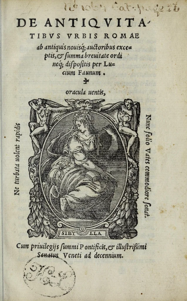 An illustration from De antiqvitatibvs vrbis Romae : ab antiquis nouisq[ue] auctoribus exceptis, & summa breuitate ordineq[ue] dispositis, 1549, leaf 5