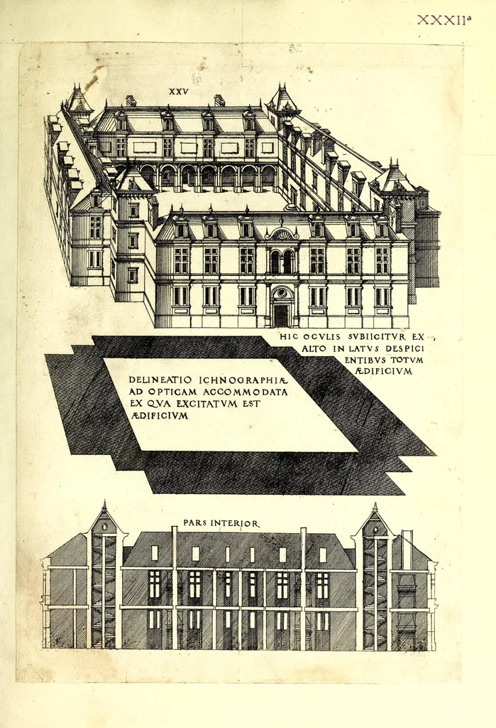An illustration from De architectura Iacobi Androuetii du Cerceau, opus : quo descriptae sunt aedificiorum quinquaginta planè dissimilium ichnographiae, in omnium non modò potentiorum, sed etiam mediocrium & tenuiorum gratia[m], quos aedificandi studium oblectat: adiunctâ vsus & commoditatis in habitationibus singulis expositione, vnà cum integra cuisque aedificij dimensione. Hûc accedit breuis explicatio de structurarum, quibus aedifica constant, dimensione per orgyiam, que Gallica est architectorum mensura, sex longa pedes: quâ certè methodo nemo non aedificia quaevis metiri, & futuri in aedificando sumptus rationem secum inire poterit .., 1559, leaf 101