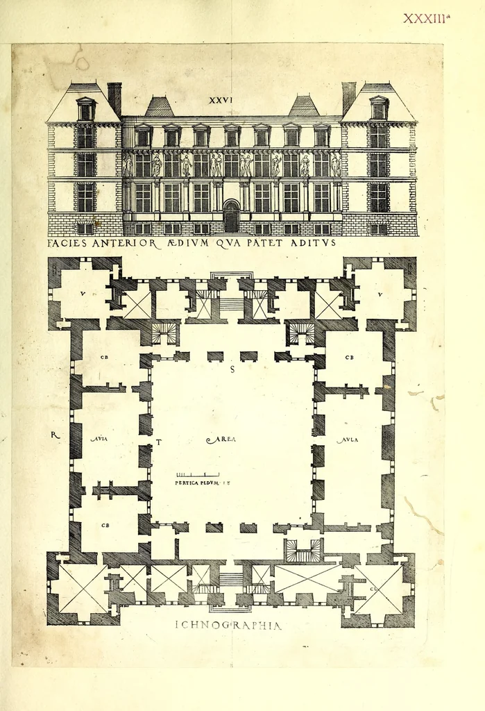 An illustration from De architectura Iacobi Androuetii du Cerceau, opus : quo descriptae sunt aedificiorum quinquaginta planè dissimilium ichnographiae, in omnium non modò potentiorum, sed etiam mediocrium & tenuiorum gratia[m], quos aedificandi studium oblectat: adiunctâ vsus & commoditatis in habitationibus singulis expositione, vnà cum integra cuisque aedificij dimensione. Hûc accedit breuis explicatio de structurarum, quibus aedifica constant, dimensione per orgyiam, que Gallica est architectorum mensura, sex longa pedes: quâ certè methodo nemo non aedificia quaevis metiri, & futuri in aedificando sumptus rationem secum inire poterit .., 1559, leaf 103