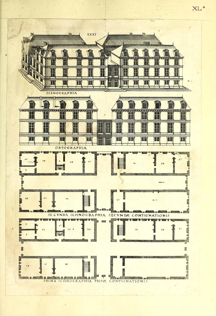 An illustration from De architectura Iacobi Androuetii du Cerceau, opus : quo descriptae sunt aedificiorum quinquaginta planè dissimilium ichnographiae, in omnium non modò potentiorum, sed etiam mediocrium & tenuiorum gratia[m], quos aedificandi studium oblectat: adiunctâ vsus & commoditatis in habitationibus singulis expositione, vnà cum integra cuisque aedificij dimensione. Hûc accedit breuis explicatio de structurarum, quibus aedifica constant, dimensione per orgyiam, que Gallica est architectorum mensura, sex longa pedes: quâ certè methodo nemo non aedificia quaevis metiri, & futuri in aedificando sumptus rationem secum inire poterit .., 1559, leaf 117