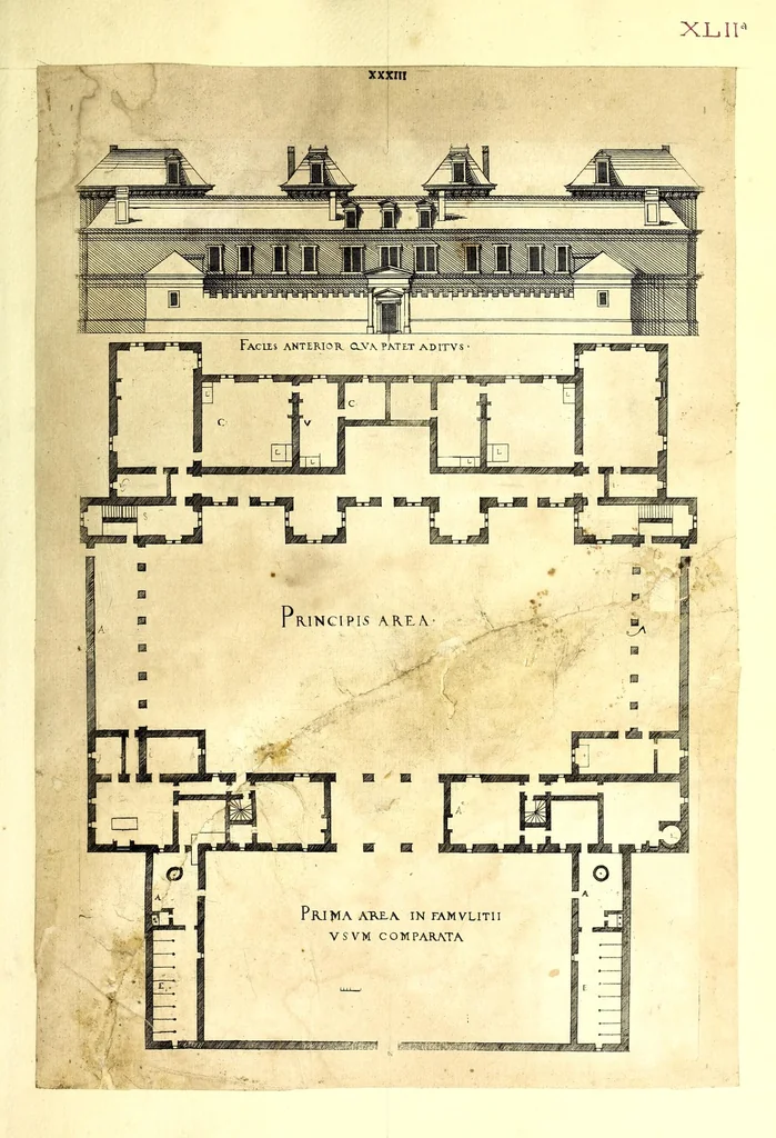 An illustration from De architectura Iacobi Androuetii du Cerceau, opus : quo descriptae sunt aedificiorum quinquaginta planè dissimilium ichnographiae, in omnium non modò potentiorum, sed etiam mediocrium & tenuiorum gratia[m], quos aedificandi studium oblectat: adiunctâ vsus & commoditatis in habitationibus singulis expositione, vnà cum integra cuisque aedificij dimensione. Hûc accedit breuis explicatio de structurarum, quibus aedifica constant, dimensione per orgyiam, que Gallica est architectorum mensura, sex longa pedes: quâ certè methodo nemo non aedificia quaevis metiri, & futuri in aedificando sumptus rationem secum inire poterit .., 1559, leaf 121