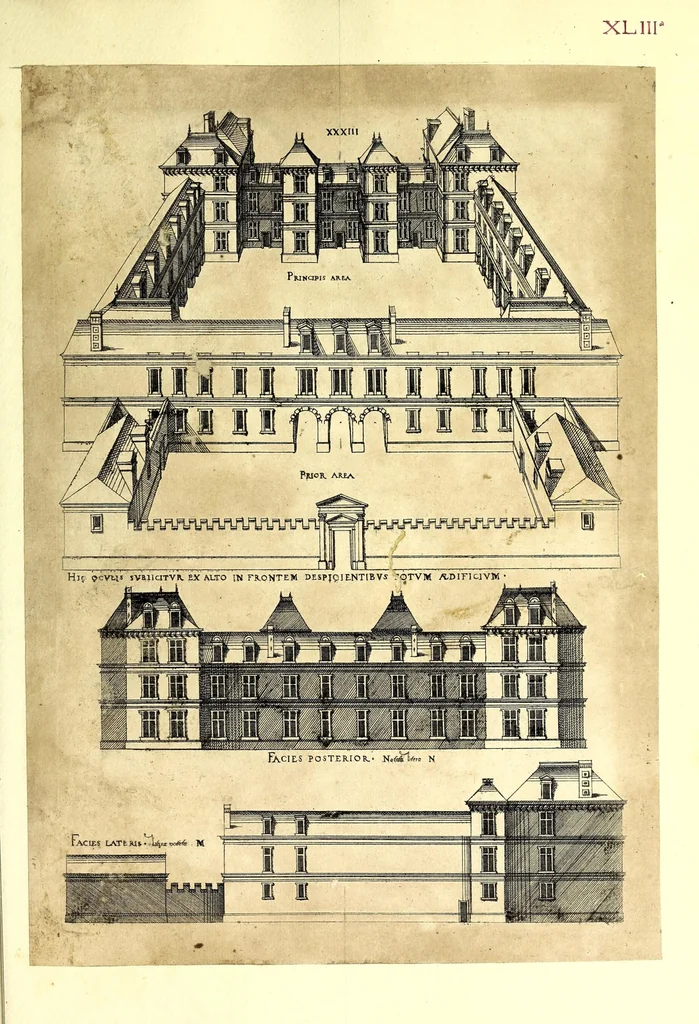 An illustration from De architectura Iacobi Androuetii du Cerceau, opus : quo descriptae sunt aedificiorum quinquaginta planè dissimilium ichnographiae, in omnium non modò potentiorum, sed etiam mediocrium & tenuiorum gratia[m], quos aedificandi studium oblectat: adiunctâ vsus & commoditatis in habitationibus singulis expositione, vnà cum integra cuisque aedificij dimensione. Hûc accedit breuis explicatio de structurarum, quibus aedifica constant, dimensione per orgyiam, que Gallica est architectorum mensura, sex longa pedes: quâ certè methodo nemo non aedificia quaevis metiri, & futuri in aedificando sumptus rationem secum inire poterit .., 1559, leaf 123