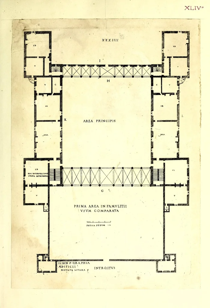 An illustration from De architectura Iacobi Androuetii du Cerceau, opus : quo descriptae sunt aedificiorum quinquaginta planè dissimilium ichnographiae, in omnium non modò potentiorum, sed etiam mediocrium & tenuiorum gratia[m], quos aedificandi studium oblectat: adiunctâ vsus & commoditatis in habitationibus singulis expositione, vnà cum integra cuisque aedificij dimensione. Hûc accedit breuis explicatio de structurarum, quibus aedifica constant, dimensione per orgyiam, que Gallica est architectorum mensura, sex longa pedes: quâ certè methodo nemo non aedificia quaevis metiri, & futuri in aedificando sumptus rationem secum inire poterit .., 1559, leaf 125