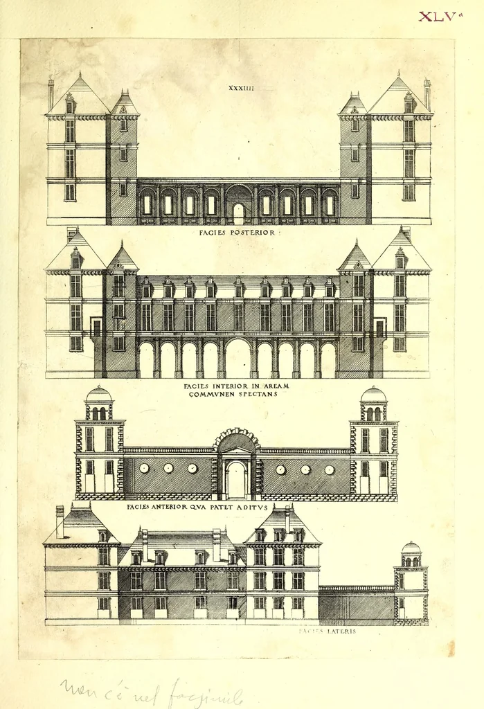 An illustration from De architectura Iacobi Androuetii du Cerceau, opus : quo descriptae sunt aedificiorum quinquaginta planè dissimilium ichnographiae, in omnium non modò potentiorum, sed etiam mediocrium & tenuiorum gratia[m], quos aedificandi studium oblectat: adiunctâ vsus & commoditatis in habitationibus singulis expositione, vnà cum integra cuisque aedificij dimensione. Hûc accedit breuis explicatio de structurarum, quibus aedifica constant, dimensione per orgyiam, que Gallica est architectorum mensura, sex longa pedes: quâ certè methodo nemo non aedificia quaevis metiri, & futuri in aedificando sumptus rationem secum inire poterit .., 1559, leaf 127