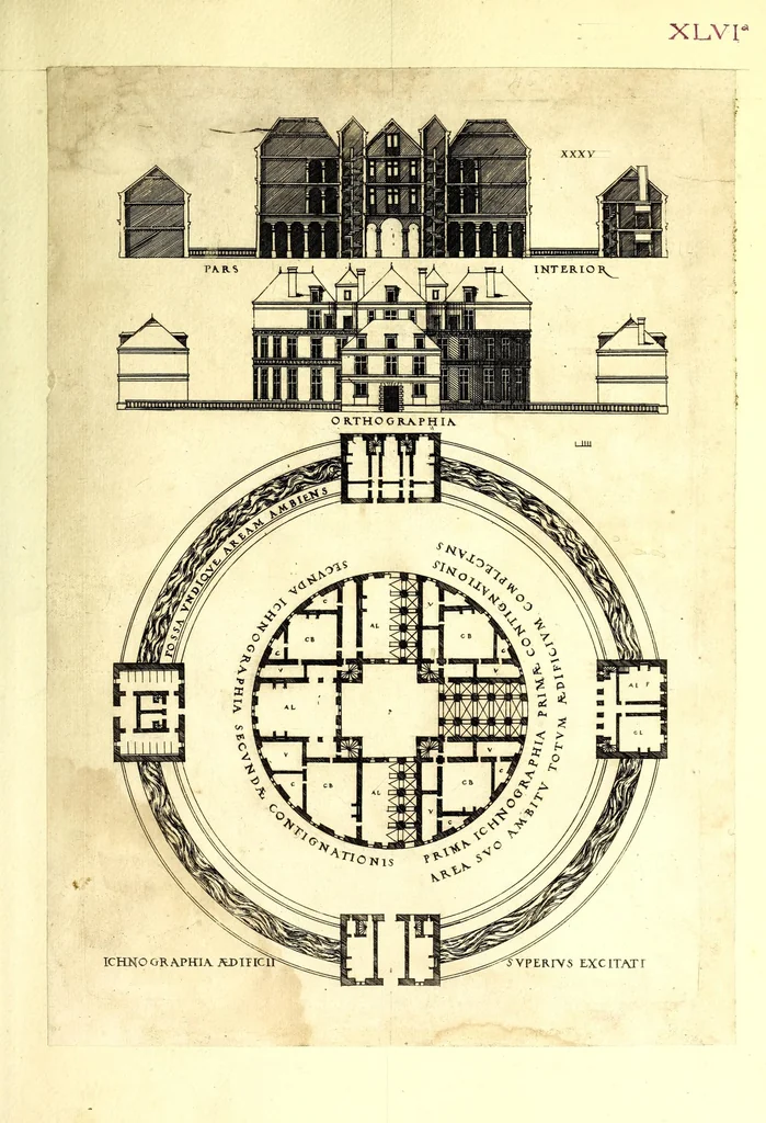 An illustration from De architectura Iacobi Androuetii du Cerceau, opus : quo descriptae sunt aedificiorum quinquaginta planè dissimilium ichnographiae, in omnium non modò potentiorum, sed etiam mediocrium & tenuiorum gratia[m], quos aedificandi studium oblectat: adiunctâ vsus & commoditatis in habitationibus singulis expositione, vnà cum integra cuisque aedificij dimensione. Hûc accedit breuis explicatio de structurarum, quibus aedifica constant, dimensione per orgyiam, que Gallica est architectorum mensura, sex longa pedes: quâ certè methodo nemo non aedificia quaevis metiri, & futuri in aedificando sumptus rationem secum inire poterit .., 1559, leaf 129
