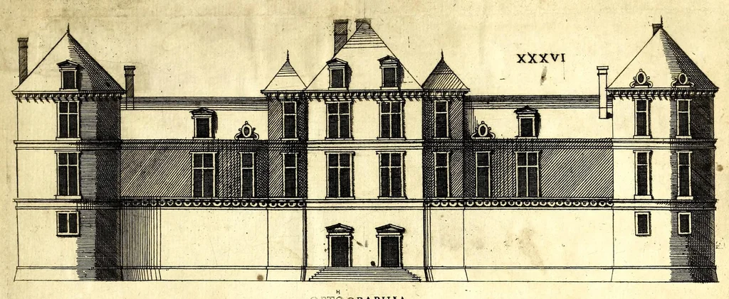 An illustration from De architectura Iacobi Androuetii du Cerceau, opus : quo descriptae sunt aedificiorum quinquaginta planè dissimilium ichnographiae, in omnium non modò potentiorum, sed etiam mediocrium & tenuiorum gratia[m], quos aedificandi studium oblectat: adiunctâ vsus & commoditatis in habitationibus singulis expositione, vnà cum integra cuisque aedificij dimensione. Hûc accedit breuis explicatio de structurarum, quibus aedifica constant, dimensione per orgyiam, que Gallica est architectorum mensura, sex longa pedes: quâ certè methodo nemo non aedificia quaevis metiri, & futuri in aedificando sumptus rationem secum inire poterit .., 1559, leaf 131