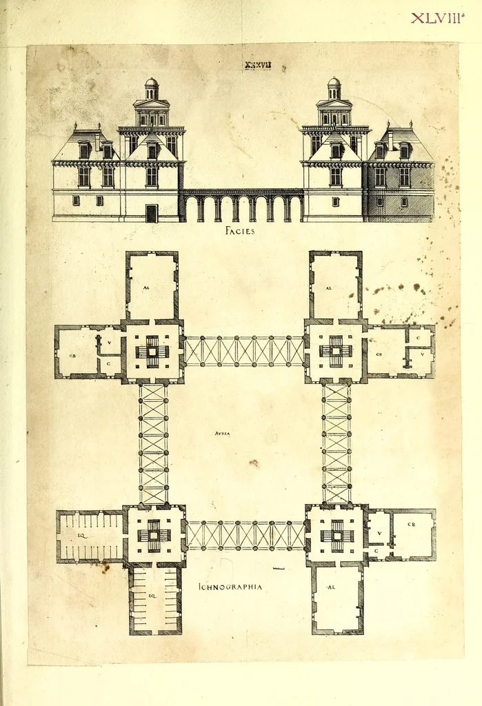 An illustration from De architectura Iacobi Androuetii du Cerceau, opus : quo descriptae sunt aedificiorum quinquaginta planè dissimilium ichnographiae, in omnium non modò potentiorum, sed etiam mediocrium & tenuiorum gratia[m], quos aedificandi studium oblectat: adiunctâ vsus & commoditatis in habitationibus singulis expositione, vnà cum integra cuisque aedificij dimensione. Hûc accedit breuis explicatio de structurarum, quibus aedifica constant, dimensione per orgyiam, que Gallica est architectorum mensura, sex longa pedes: quâ certè methodo nemo non aedificia quaevis metiri, & futuri in aedificando sumptus rationem secum inire poterit .., 1559, leaf 133