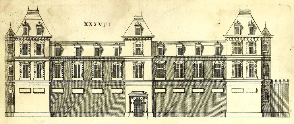 An illustration from De architectura Iacobi Androuetii du Cerceau, opus : quo descriptae sunt aedificiorum quinquaginta planè dissimilium ichnographiae, in omnium non modò potentiorum, sed etiam mediocrium & tenuiorum gratia[m], quos aedificandi studium oblectat: adiunctâ vsus & commoditatis in habitationibus singulis expositione, vnà cum integra cuisque aedificij dimensione. Hûc accedit breuis explicatio de structurarum, quibus aedifica constant, dimensione per orgyiam, que Gallica est architectorum mensura, sex longa pedes: quâ certè methodo nemo non aedificia quaevis metiri, & futuri in aedificando sumptus rationem secum inire poterit .., 1559, leaf 135