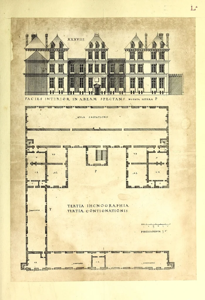 An illustration from De architectura Iacobi Androuetii du Cerceau, opus : quo descriptae sunt aedificiorum quinquaginta planè dissimilium ichnographiae, in omnium non modò potentiorum, sed etiam mediocrium & tenuiorum gratia[m], quos aedificandi studium oblectat: adiunctâ vsus & commoditatis in habitationibus singulis expositione, vnà cum integra cuisque aedificij dimensione. Hûc accedit breuis explicatio de structurarum, quibus aedifica constant, dimensione per orgyiam, que Gallica est architectorum mensura, sex longa pedes: quâ certè methodo nemo non aedificia quaevis metiri, & futuri in aedificando sumptus rationem secum inire poterit .., 1559, leaf 137