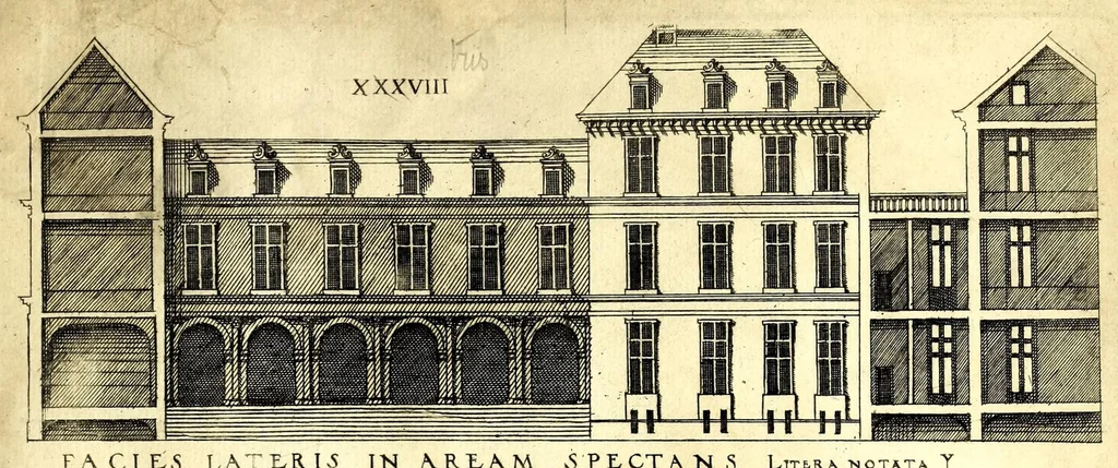 An illustration from De architectura Iacobi Androuetii du Cerceau, opus : quo descriptae sunt aedificiorum quinquaginta planè dissimilium ichnographiae, in omnium non modò potentiorum, sed etiam mediocrium & tenuiorum gratia[m], quos aedificandi studium oblectat: adiunctâ vsus & commoditatis in habitationibus singulis expositione, vnà cum integra cuisque aedificij dimensione. Hûc accedit breuis explicatio de structurarum, quibus aedifica constant, dimensione per orgyiam, que Gallica est architectorum mensura, sex longa pedes: quâ certè methodo nemo non aedificia quaevis metiri, & futuri in aedificando sumptus rationem secum inire poterit .., 1559, leaf 139
