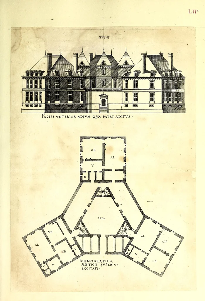 An illustration from De architectura Iacobi Androuetii du Cerceau, opus : quo descriptae sunt aedificiorum quinquaginta planè dissimilium ichnographiae, in omnium non modò potentiorum, sed etiam mediocrium & tenuiorum gratia[m], quos aedificandi studium oblectat: adiunctâ vsus & commoditatis in habitationibus singulis expositione, vnà cum integra cuisque aedificij dimensione. Hûc accedit breuis explicatio de structurarum, quibus aedifica constant, dimensione per orgyiam, que Gallica est architectorum mensura, sex longa pedes: quâ certè methodo nemo non aedificia quaevis metiri, & futuri in aedificando sumptus rationem secum inire poterit .., 1559, leaf 141