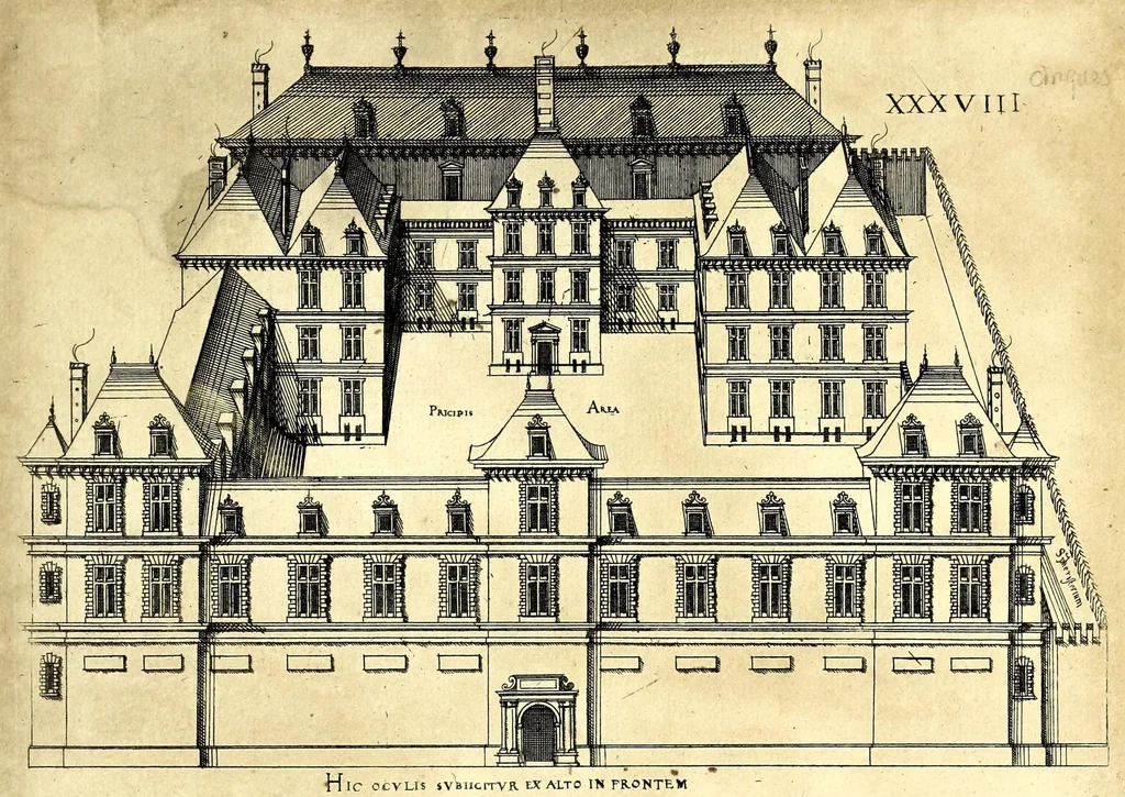 An illustration from De architectura Iacobi Androuetii du Cerceau, opus : quo descriptae sunt aedificiorum quinquaginta planè dissimilium ichnographiae, in omnium non modò potentiorum, sed etiam mediocrium & tenuiorum gratia[m], quos aedificandi studium oblectat: adiunctâ vsus & commoditatis in habitationibus singulis expositione, vnà cum integra cuisque aedificij dimensione. Hûc accedit breuis explicatio de structurarum, quibus aedifica constant, dimensione per orgyiam, que Gallica est architectorum mensura, sex longa pedes: quâ certè methodo nemo non aedificia quaevis metiri, & futuri in aedificando sumptus rationem secum inire poterit .., 1559, leaf 143