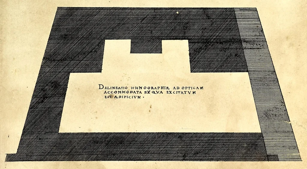 An illustration from De architectura Iacobi Androuetii du Cerceau, opus : quo descriptae sunt aedificiorum quinquaginta planè dissimilium ichnographiae, in omnium non modò potentiorum, sed etiam mediocrium & tenuiorum gratia[m], quos aedificandi studium oblectat: adiunctâ vsus & commoditatis in habitationibus singulis expositione, vnà cum integra cuisque aedificij dimensione. Hûc accedit breuis explicatio de structurarum, quibus aedifica constant, dimensione per orgyiam, que Gallica est architectorum mensura, sex longa pedes: quâ certè methodo nemo non aedificia quaevis metiri, & futuri in aedificando sumptus rationem secum inire poterit .., 1559, leaf 143