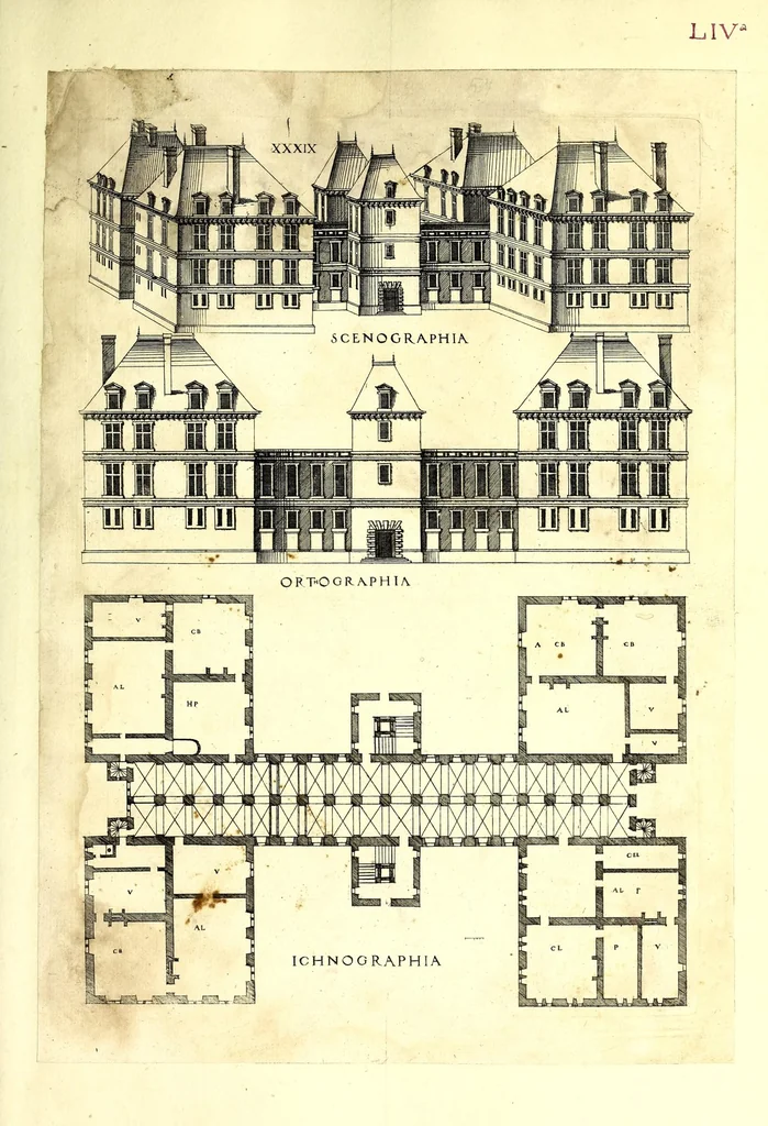 An illustration from De architectura Iacobi Androuetii du Cerceau, opus : quo descriptae sunt aedificiorum quinquaginta planè dissimilium ichnographiae, in omnium non modò potentiorum, sed etiam mediocrium & tenuiorum gratia[m], quos aedificandi studium oblectat: adiunctâ vsus & commoditatis in habitationibus singulis expositione, vnà cum integra cuisque aedificij dimensione. Hûc accedit breuis explicatio de structurarum, quibus aedifica constant, dimensione per orgyiam, que Gallica est architectorum mensura, sex longa pedes: quâ certè methodo nemo non aedificia quaevis metiri, & futuri in aedificando sumptus rationem secum inire poterit .., 1559, leaf 145