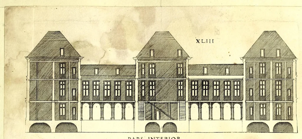 An illustration from De architectura Iacobi Androuetii du Cerceau, opus : quo descriptae sunt aedificiorum quinquaginta planè dissimilium ichnographiae, in omnium non modò potentiorum, sed etiam mediocrium & tenuiorum gratia[m], quos aedificandi studium oblectat: adiunctâ vsus & commoditatis in habitationibus singulis expositione, vnà cum integra cuisque aedificij dimensione. Hûc accedit breuis explicatio de structurarum, quibus aedifica constant, dimensione per orgyiam, que Gallica est architectorum mensura, sex longa pedes: quâ certè methodo nemo non aedificia quaevis metiri, & futuri in aedificando sumptus rationem secum inire poterit .., 1559, leaf 155