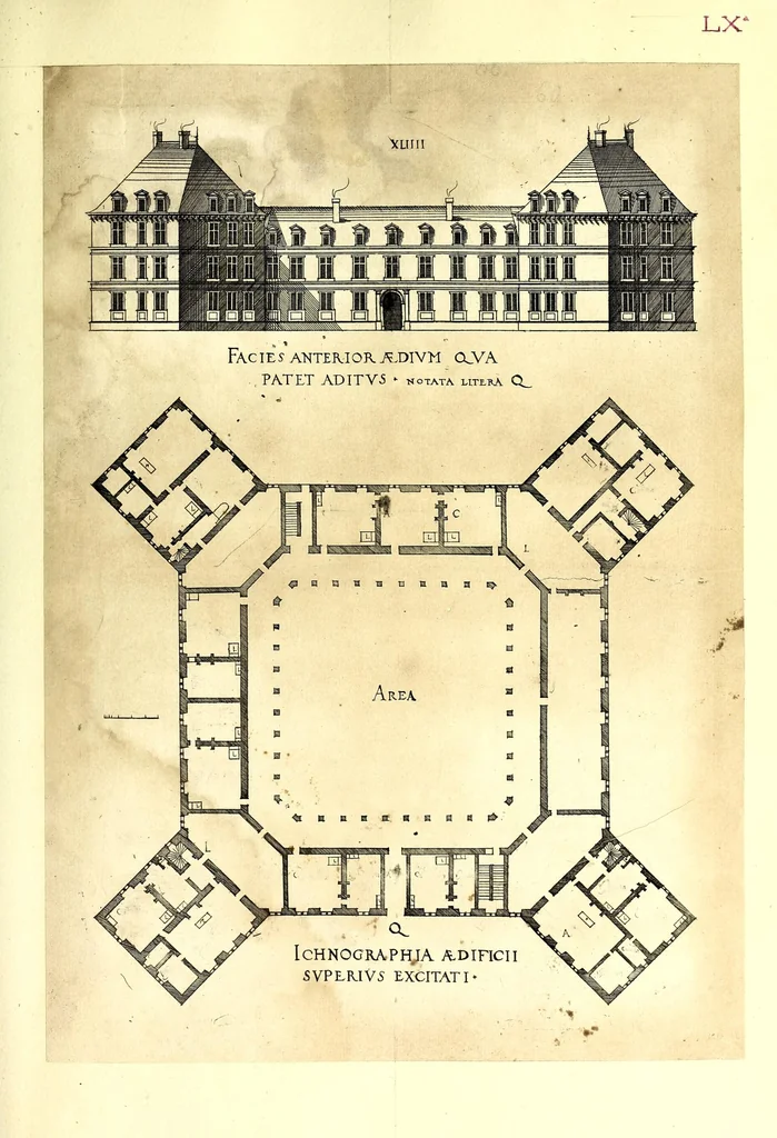 An illustration from De architectura Iacobi Androuetii du Cerceau, opus : quo descriptae sunt aedificiorum quinquaginta planè dissimilium ichnographiae, in omnium non modò potentiorum, sed etiam mediocrium & tenuiorum gratia[m], quos aedificandi studium oblectat: adiunctâ vsus & commoditatis in habitationibus singulis expositione, vnà cum integra cuisque aedificij dimensione. Hûc accedit breuis explicatio de structurarum, quibus aedifica constant, dimensione per orgyiam, que Gallica est architectorum mensura, sex longa pedes: quâ certè methodo nemo non aedificia quaevis metiri, & futuri in aedificando sumptus rationem secum inire poterit .., 1559, leaf 157