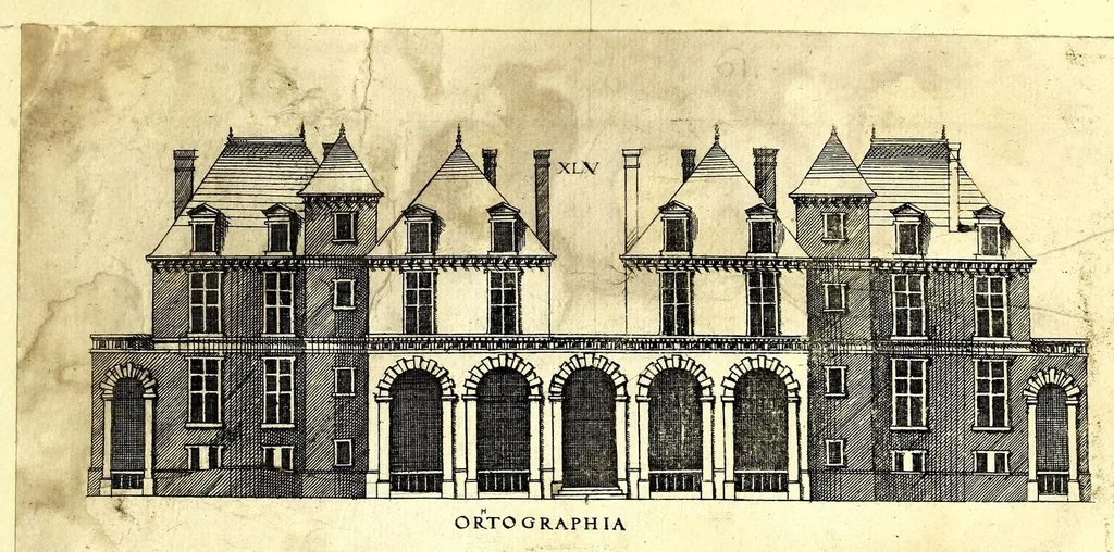 An illustration from De architectura Iacobi Androuetii du Cerceau, opus : quo descriptae sunt aedificiorum quinquaginta planè dissimilium ichnographiae, in omnium non modò potentiorum, sed etiam mediocrium & tenuiorum gratia[m], quos aedificandi studium oblectat: adiunctâ vsus & commoditatis in habitationibus singulis expositione, vnà cum integra cuisque aedificij dimensione. Hûc accedit breuis explicatio de structurarum, quibus aedifica constant, dimensione per orgyiam, que Gallica est architectorum mensura, sex longa pedes: quâ certè methodo nemo non aedificia quaevis metiri, & futuri in aedificando sumptus rationem secum inire poterit .., 1559, leaf 159