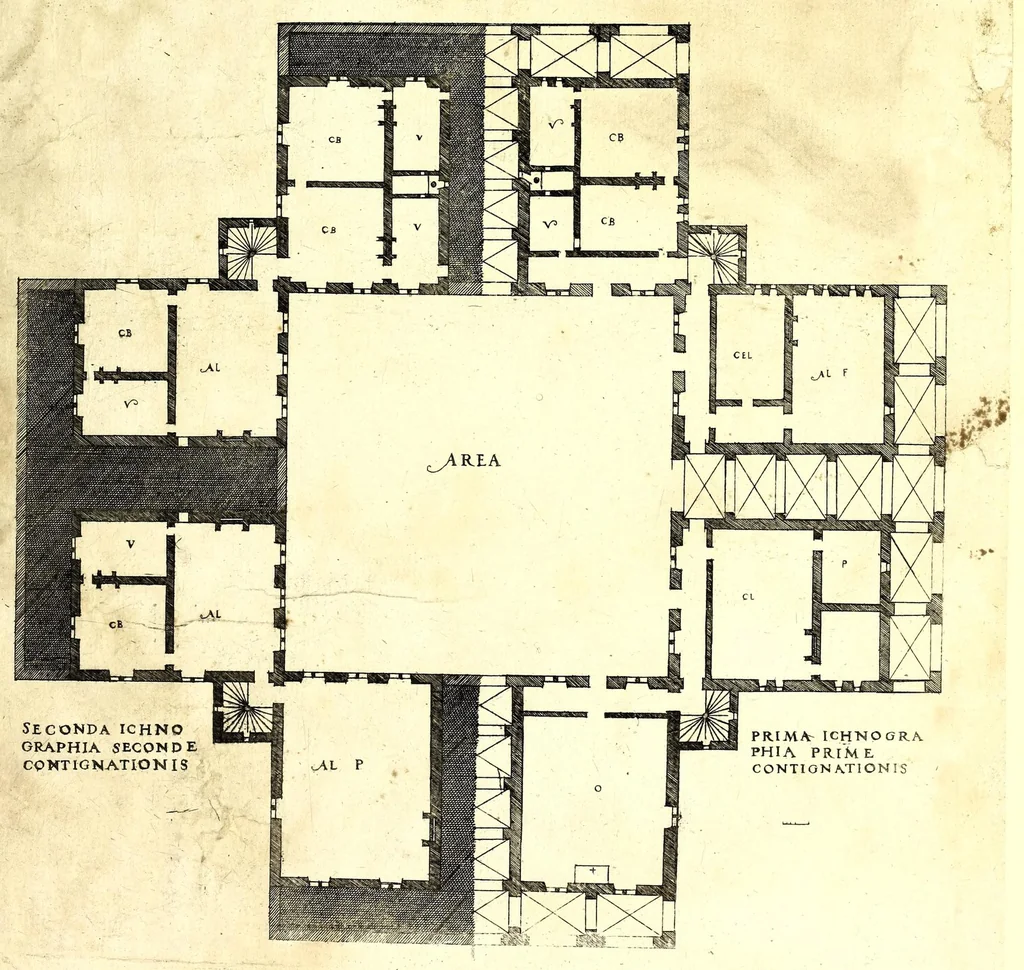 An illustration from De architectura Iacobi Androuetii du Cerceau, opus : quo descriptae sunt aedificiorum quinquaginta planè dissimilium ichnographiae, in omnium non modò potentiorum, sed etiam mediocrium & tenuiorum gratia[m], quos aedificandi studium oblectat: adiunctâ vsus & commoditatis in habitationibus singulis expositione, vnà cum integra cuisque aedificij dimensione. Hûc accedit breuis explicatio de structurarum, quibus aedifica constant, dimensione per orgyiam, que Gallica est architectorum mensura, sex longa pedes: quâ certè methodo nemo non aedificia quaevis metiri, & futuri in aedificando sumptus rationem secum inire poterit .., 1559, leaf 159
