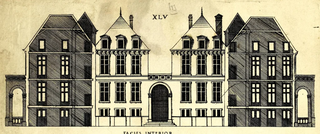 An illustration from De architectura Iacobi Androuetii du Cerceau, opus : quo descriptae sunt aedificiorum quinquaginta planè dissimilium ichnographiae, in omnium non modò potentiorum, sed etiam mediocrium & tenuiorum gratia[m], quos aedificandi studium oblectat: adiunctâ vsus & commoditatis in habitationibus singulis expositione, vnà cum integra cuisque aedificij dimensione. Hûc accedit breuis explicatio de structurarum, quibus aedifica constant, dimensione per orgyiam, que Gallica est architectorum mensura, sex longa pedes: quâ certè methodo nemo non aedificia quaevis metiri, & futuri in aedificando sumptus rationem secum inire poterit .., 1559, leaf 161